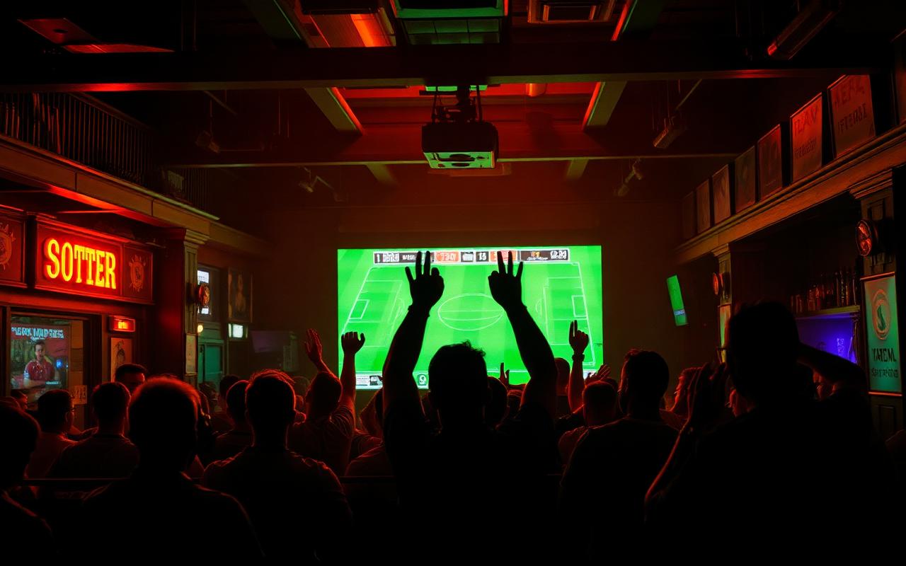 Fans celebrating in a packed sports bar